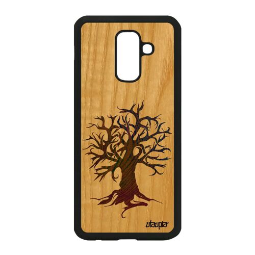 Coque en bois naturel Samsung A6 Plus 2018 silicone peinture arbre de protection jaune ecologie nature motif ecolo unique zen galaxy