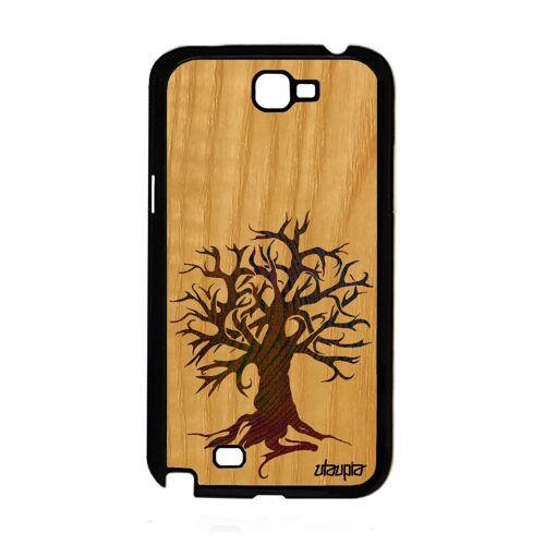 Coque pour Samsung Note 2 en bois naturel silicone peinture arbre de vie etui gel jaune nature zen 4G foret motif dessin art galaxy