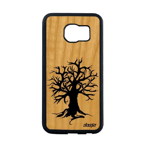 Coque peinture arbre Samsung S6 Edge bois naturel silicone foret nature motif cover de vie ecolo zen telephone noir decoratif galaxy