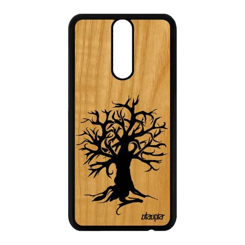 Coque Huawei Mate 10 Lite En Bois Naturel Silicone Peinture Arbre De Vie Dessin Zen Noir Smartphone Decoratif Nature Motif Ecolo