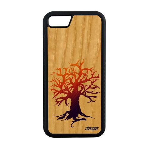 Coque Antichoc Iphone 7 Bois Naturel Silicone Peinture Arbre Noir Artistique Motif Foret Ecologie Orange Zen Rigide Nature De