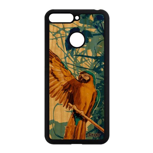 Coque de protection Honor 7A en bois silicone perroquet feuilles animaux nature animal tropical perruche exotique oiseau mobile bleu