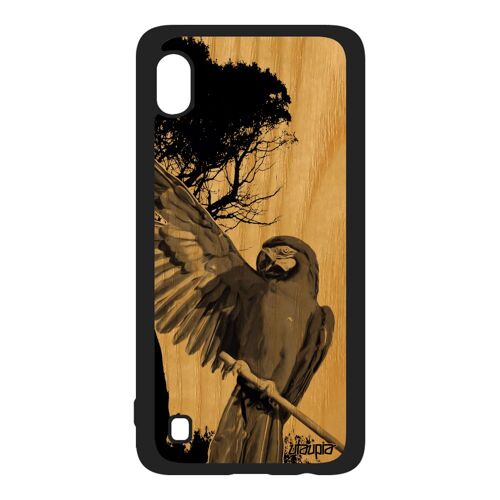 Coque silicone Samsung A10 en bois perroquet perruche animaux housse noir personnalisé oiseau arbre tropical nature dessin de galaxy