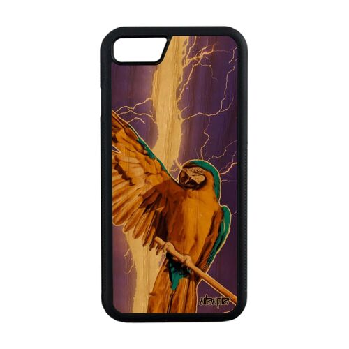 Coque iPhone 8 en bois et silicone perroquet oiseau orage animaux mobile animal perruche tropical bumper noir violet etui