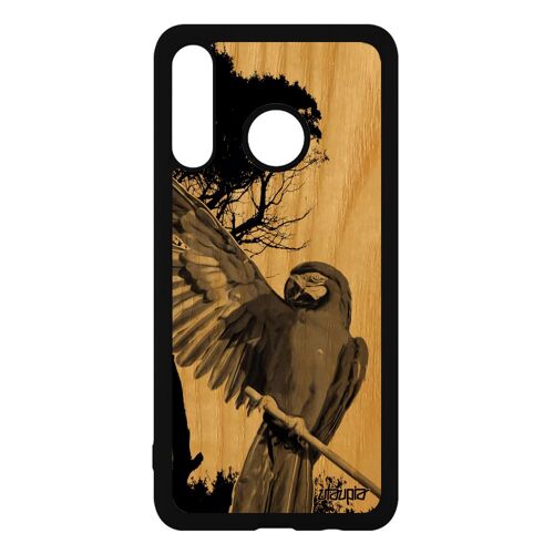 Coque perroquet P30 Lite en bois et silicone nature animal gris perruche animaux 4G tropical oiseau arbre housse etui design Huawei