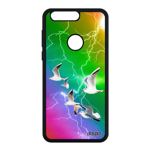Coque oiseaux mouettes Honor 8 silicone animaux multicolore de protection mer marin eclair orage personnalisé telephone jaune Huawei