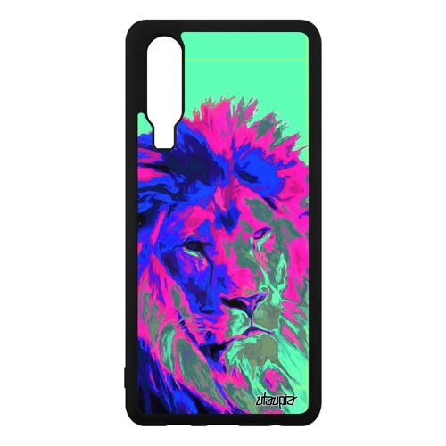 Coque en silicone Huawei P30 lion rigide felin peinture street art case design animal gel animaux nature violet fauve housse pop art