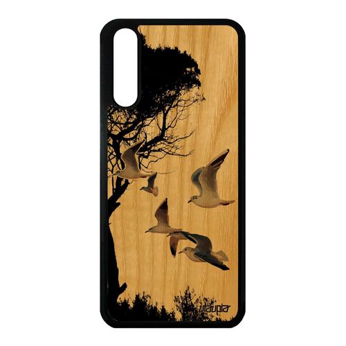Coque Silicone Oiseaux Mouettes Huawei P20 En Bois Naturel Design Gris Peinture Antichoc Marin Mer Animaux Mobile Etui Animal Nature