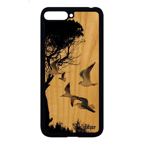 Coque Huawei Y6 2018 Bois Silicone Oiseaux Mouettes Gris Marin Telephone Smartphone Noir Souple Animal Mer Cover Nature Case Arbre