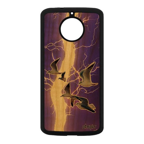 Coque Moto E4 Plus bois silicone oiseaux mouettes eclair mer animaux telephone de protection nature violet antichoc marin Motorola