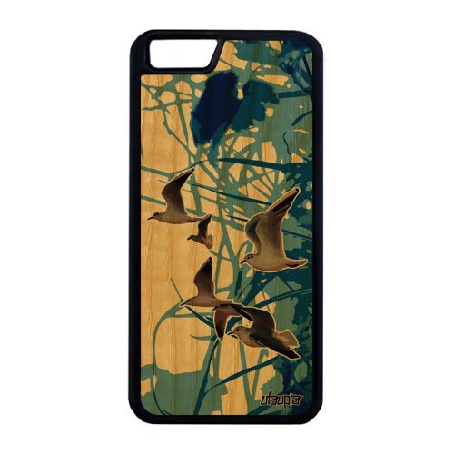 Coque iPhone 6 6S Plus en bois silicone oiseaux mouettes design animaux smartphone marin noir dessin nature telephone feuilles