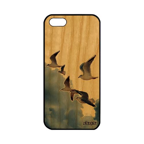 Coque bois antichoc telephone pour iPhone 5 5S SE silicone oiseaux mouettes motif 4G nuage design nature portable beige animal Apple