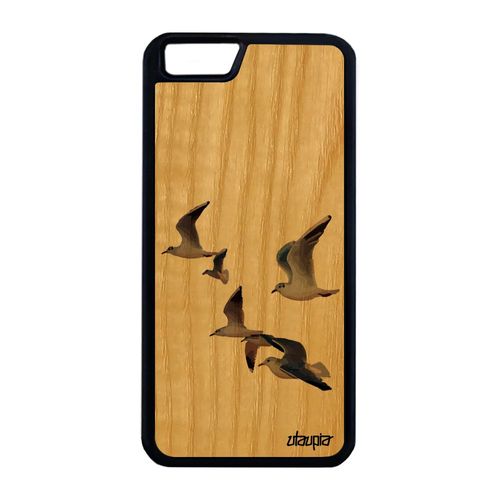 Coque Iphone 6 6s Plus Vrai Bois Silicone Oiseaux Mouettes Housse 4g Originale Marron Marin Design Animal Nature Etui Mer