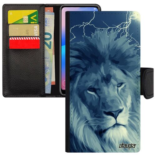 Coque Iphone 13 Pro À Rabat Portefeuille Lion Magnetique Savane De Protection Eclair Animaux Bleu Antichoc Lionne Roi Felin En
