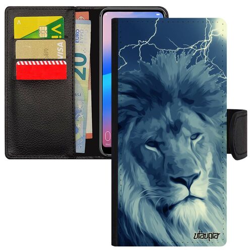 Coque Lion Pour Galaxy A34 Simili Cuir Portefeuille Design Felin Portable Original Animal Lionne Orage Bleu Roi Telephone De Samsung