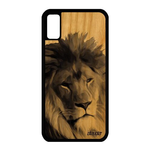 Coque bois silicone pour iPhone X lion animal telephone noir peinture roi nature noir et blanc mobile animaux motif veritable