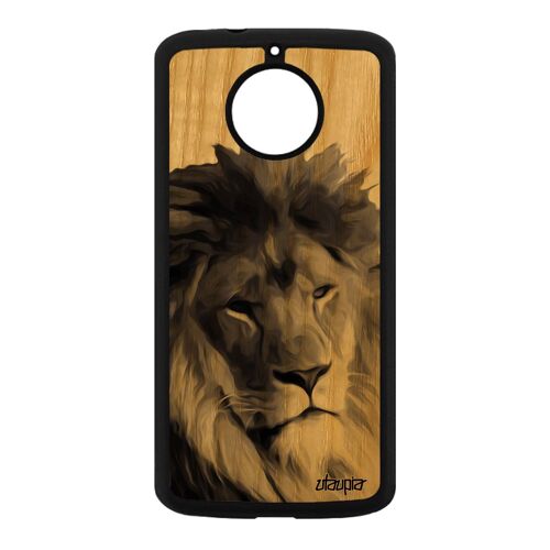 Coque Motorola Moto E4 Plus Bois Silicone Lion Noir Gris Roi Nature Fauve Design Souple Peinture Animaux Motif Animal Mobile Felin
