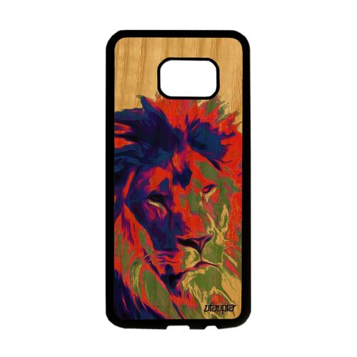 Coque bois pour S7 Edge silicone lion felin animaux case orange street art peinture design personnalisé pochoir roi Samsung galaxy