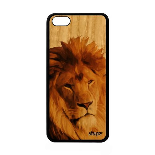 Coque iPhone 5C en bois silicone lion nature case roi animal felin bumper animaux lionne fauve peinture telephone beige design Apple