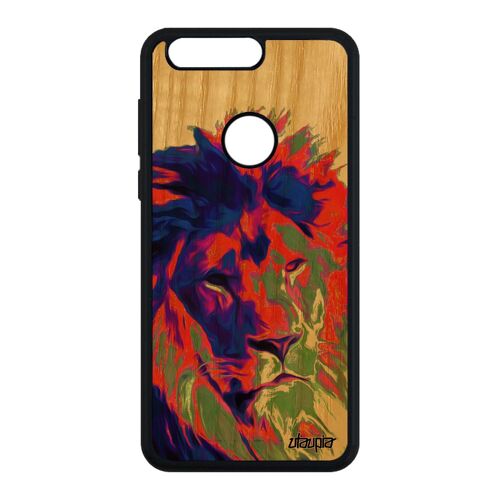 Coque pour Honor 8 en bois silicone lion orange roi portable telephone lionne mobile fauve souple animal felin animaux peinture de