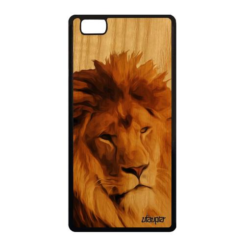 Coque Huawei P8 Lite 2015 bois silicone lion felin peinture personnalisé motif animaux antichoc telephone beige fauve roi TPU nature
