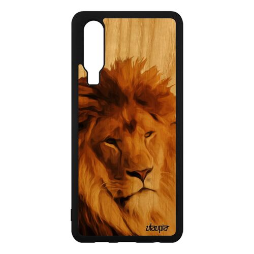 Coque Pour Huawei P30 Bois Silicone Lion Antichoc Gel Nature Lionne Design Peinture Roi Beige Fauve Noir Animaux Rigide Animal Felin