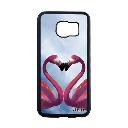 Coque pour Samsung Galaxy S6 Edge silicone flamand rose nuage bleu coeur rigide design animal animaux romantique noir unique oiseau