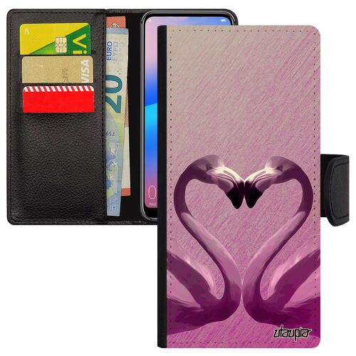 Coque iPhone 14+ Plus en simili cuir portefeuille flamand rose pochette effet mobile case amour love texture design romantique