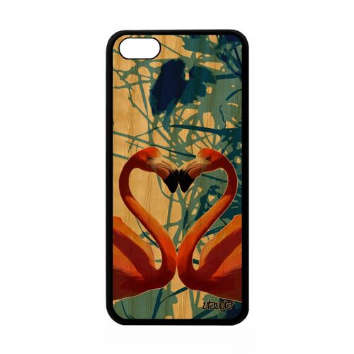 Coque bois pour Apple iPhone 5C silicone flamand rose animal portable romantique oiseau feuilles echassier coeur animaux love housse