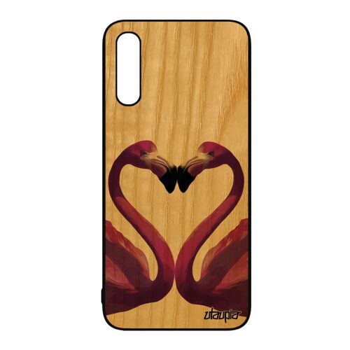 Coque Samsung Galaxy A50 bois naturel silicone flamand rose antichoc oiseau souple animal cover design romantique jolie telephone de