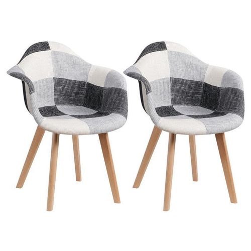 Lot De 2 Fauteuils De Salle À Manger Scandinaves,Fauteuils Nordiques Rembourrés,Tissu Patchwork(Noir, Blanc Et Gris)