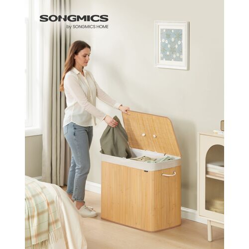 Panier à Linge avec Couvercle, 3 Compartiments, 170 L, Corbeille à Linge Sale en Bambou, Pliable, Sac Amovible et Lavable en Machine, avec Poignées, pour Buanderie, Chambre, Naturel