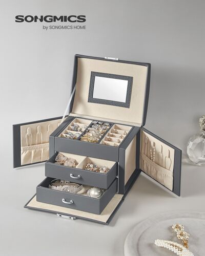 Boîte à Bijoux 3 Niveaux, Écrin à Accessoires, Coffre, avec Poignées, 2 Tiroirs, Miroir, Serrure, Rangement Bijoux pour Voyages, Surface Gris Ardoise, Doublure Beige Sable