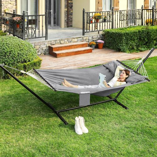 Hamac, Hamac D'extérieur De Camping, Lit Suspendu, 2 Barres En Bois, Avec 2 Oreillers, Capacité De Charge 300 Kg, 210 X 150 Cm, Gris