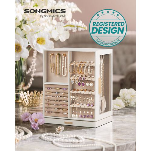 Boîte À Bijoux Rotative À 360°, Coffret À Bijoux Avec 5 Tiroirs, Fenêtres En Verre Latérales, Grand, Rangement Pour Accessoires, Design Ouvert, Blanc Nuage