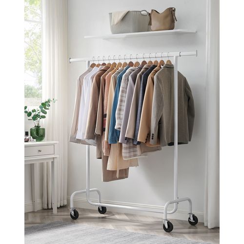 Portant à Vêtements avec Roulettes, Tringle Extensible pour Charge Lourde, Capacité de Charge 130kg, Porte-manteau pour Vêtements, en Métal, Blanc Mat