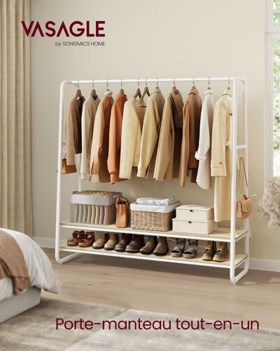 Portant à Vêtement, Porte-manteaux, Armoire, Vestiaire, avec 2 Étagères, 6 Crochets en Forme de S, Cadre en Acier, 45 x 138 x 160 cm, pour Chambre, Beige Naturel et Blanc Mat