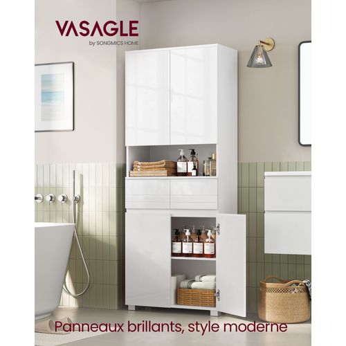 Armoire De Salle De Bain, Meuble De Rangement, Colonne, Avec 2 Tiroirs, Étagères Réglables, Compartiments, 30 X 60 X 170 Cm, Blanc Nuage