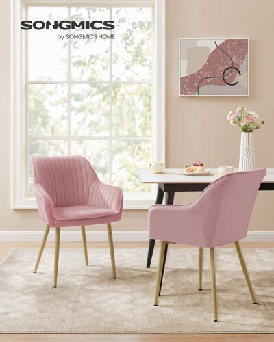 Chaise Salle à Manger, Lot de 2, Chaise de Cuisine, Fauteuil en Velours, Rembourrée, avec Accoudoirs, Charge Max. 120 kg, Pieds en Métal, Rose Bonbon et Doré Clair