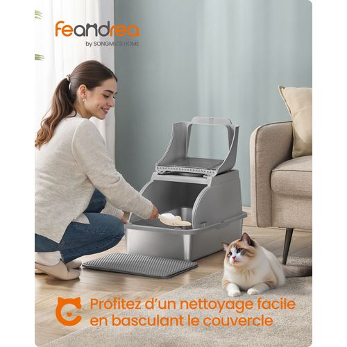 Bac À Litière Pour Chat, En Acier Inoxydable, Avec Couvercle Basculant, Grande Taille, Design Étanche, Pelle, Brosse, Double Entrée, Pour Chats Jusqu'à 15 Kg, Gris Tourterelle