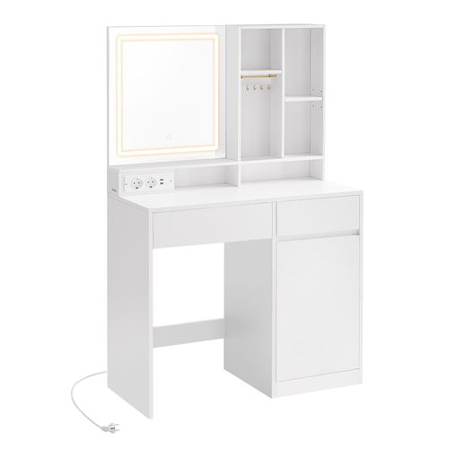 Coiffeuse Avec Miroir Et Lumière, Largeur De 90 Cm, Tiroir, Étagères Réglables, Prise De Courant, Rangement Pour Bijoux, Blanc Nuage