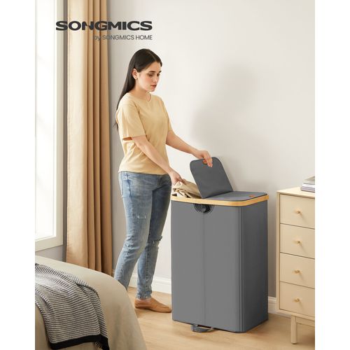 Panier à Linge à 2 Compartiments, 150 Litres, Trieur de Linge Sale avec Couvercle, Sacs Amovibles, pour Buanderie, Chambre, Salon, Gris Ardoise et Beige Naturel