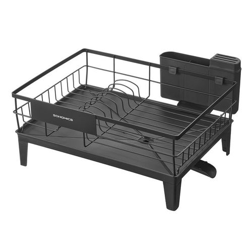 Égouttoir À Vaisselle, Support D'assiette, Organisateur De Plan De Travail, Bec Rotatif À 360° Et Extensible, Bac D'égouttement, Porte-Couverts, 31 X 42 X 18,5 Cm, Noir D'encre