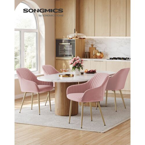Chaise Salle à Manger, Lot de 4, Chaise de Cuisine, Fauteuil en Velours, Rembourrée, avec Accoudoirs, Charge Max. 120 kg, Pieds en Métal, Rose Bonbon et Doré Clair