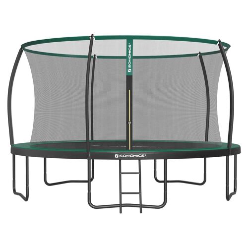 Trampoline Extérieur Enfant Diamètre 427 Cm, Filet De Protection, Poteau Incurvé De 180 Cm De Haut, Coussins De Sécurité, Échelle, Cadre En Acier, Noir Et Vert