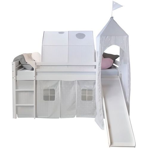 Lit Mezzanine 90x200 Avec Toboggan + Échelle + Rideau + Tour Et Tunnel Gris Etoile