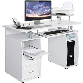 Costway Bureau Informatique Avec Rangement Imprimante, 2 Tiroirs, Coulissant Clavier, Table D'ordinateur Blanc