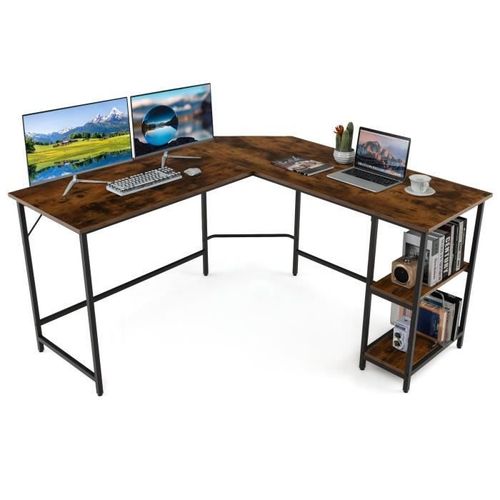 Costway Bureau D'angle Informatique En Forme L 138 Cm, Industriel Avec Structure En Acier Au Carbone, Étagère À 2 Niveaux, Marron