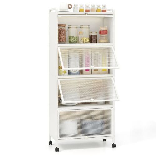 COSTWAY Étagère de Cuisine 5 Niveaux avec 4 Portes PC Escamotables, Meuble de Rangement avec 4 Roues pour Salle à Manger Salon Blanc