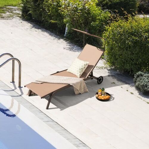 Costway Chaise Longue De Jardin Inclinable Pliable, Avec 6 Dossier Réglable, Auvent Rotatif, 2 Roulettes, Charge Max 150 Kg